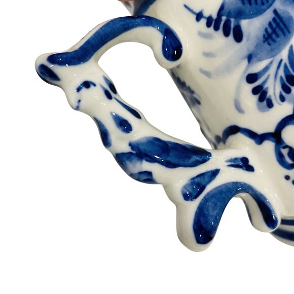 Vintage Russian Porcelain Mug Cobalt Blue & White Floral Unique Bird Handle - Picture 5 of 8